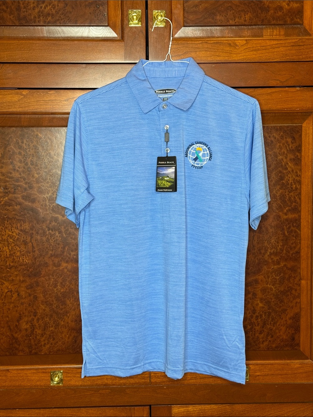 Pebble Beach Blue Heather blue stripe Men's medium Performance Polo NWT
